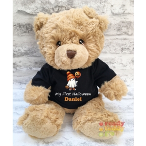 Personalised Keel Toys Eco Large 11 Inch 29cm Harry Brown Teddy Bear Wearing Coloured T-Shirt printed with "Halloween Ghost Pumpkin" Design + Any Name / Text