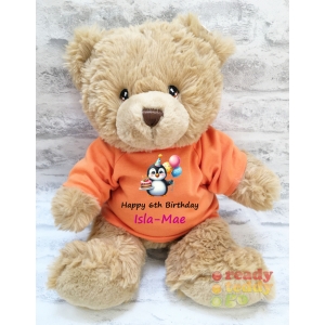 Personalised Keel Toys Eco Large 11 Inch 29cm Harry Brown Teddy Bear Wearing Coloured T-Shirt printed with "Birthday Penguin" Design + Any Name / Text