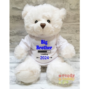 Personalised Keel Toys Eco Large 11 Inch 29cm Harry White Teddy Bear Wearing Coloured T-Shirt printed with "Big / Little Brother Loading Any Year" Design