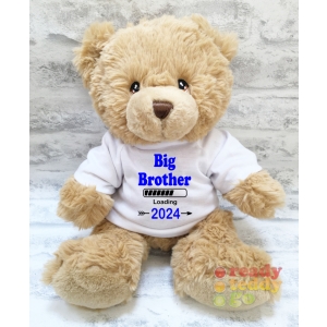 Personalised Keel Toys Eco Large 11 Inch 29cm Harry Brown Teddy Bear Wearing Coloured T-Shirt printed with "Big / Little Brother Loading Any Year" Design