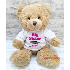 Personalised Keel Toys Eco Large 11 Inch 29cm Harry Brown Teddy Bear Wearing Coloured T-Shirt printed with "Big / Little Sister Loading Any Year" Design