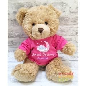 Personalised Keel Toys Eco Large 11 Inch Harry Brown Teddy Bear Wearing Coloured T-Shirt printed with "Girl Elephant Sleeping on Cloud" Design + Any Name / Text