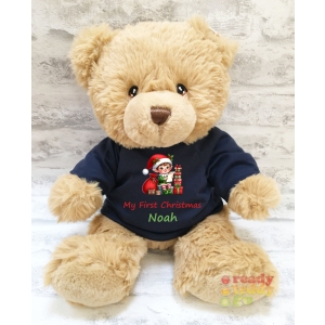 Personalised Keel Toys Eco Large 11 Inch 29cm Harry Brown Teddy Bear Wearing Coloured T-Shirt printed with "Christmas Elf Presents" Design + Any Name / Text
