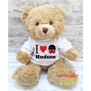 Personalised Keel Toys Eco Large 11 Inch Harry Brown Teddy Bear Wearing Coloured T-Shirt printed with "I Heart Henry Hoover" Design + Any Name / Text