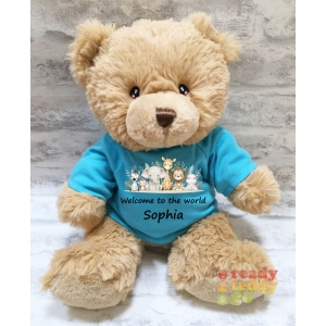 Personalised Keel Toys Eco Large 11 Inch 29cm Harry Brown Teddy Bear Wearing Coloured T-Shirt printed with "Safari Animals V2 (x6)" Design + Any Name / Text