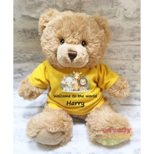 Personalised Keel Toys Eco Large 11 Inch 29cm Harry Brown Teddy Bear Wearing Coloured T-Shirt printed with "Safari Animals V2 (x3)" Design + Any Name / Text
