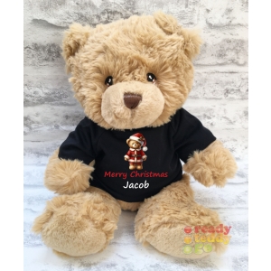 Personalised Keel Toys Eco Large 11 Inch 29cm Harry Brown Teddy Bear Wearing Coloured T-Shirt printed with "Christmas Santa Bear" Design + Any Name / Text