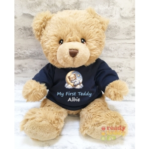 Personalised Keel Toys Eco Large 11 Inch 29cm Harry Brown Teddy Bear Wearing Coloured T-Shirt printed with "Bear Sleeping on Moon" Design + Any Name / Text
