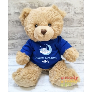 Personalised Keel Toys Eco Large 11 Inch Harry Brown Teddy Bear Wearing Coloured T-Shirt printed with "Boy Elephant Sleeping on Cloud" Design + Any Name / Text