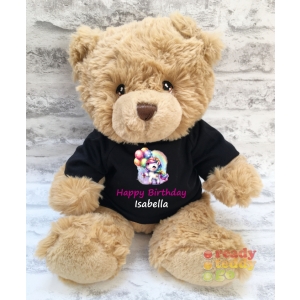 Personalised Keel Toys Eco Large 11 Inch 29cm Harry Brown Teddy Bear Wearing Coloured T-Shirt printed with "Unicorn Balloons" Design + Any Name / Text