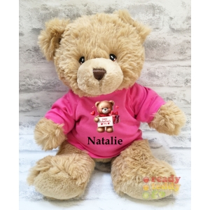 Personalised Keel Toys Eco Large 11 Inch 29cm Harry Brown Teddy Bear Wearing Coloured T-Shirt printed with "Valentines Day Bear with Card & Present" Design + Any Name / Text