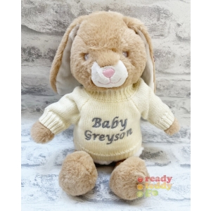Personalised Small 9 Inch Keel Toys Eco Brown Bunny Rabbit Teddy Bear wearing Knitted Jumper - Embroidered.