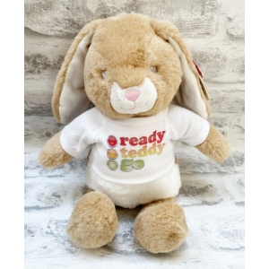 Personalised Small 9 Inch Keel Toys Eco Brown Bunny Rabbit Teddy Bear - Printed on White T-Shirt.