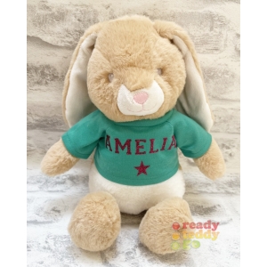 Personalised 9 Inch Keel Toys Eco Brown Bunny Rabbit Teddy Bear Wearing Coloured T-Shirt printed with PLAIN or GLITTER Vinyl