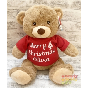 Personalised 13 Inch Conker Teddy Bear with Scarf Wearing Coloured MERRY CHRISTMAS T-Shirt ANY NAME GLITTER Vinyl