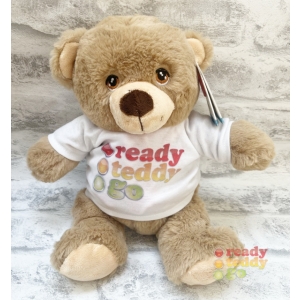 Personalised Teddy Bears - 9 Inch Keel Toys Eco Conker The Teddy Bear with Scarf - Printed on a white T-shirt.