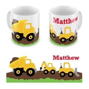 Personalised Children's 10oz Mugs / Cups - Any Kids Name Construction Vehicles Design