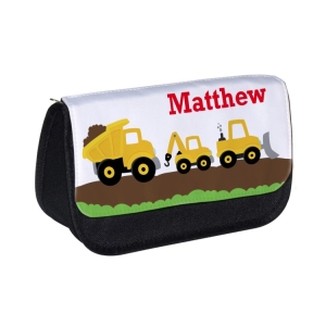Personalised School Pencil Case For Kids Children featuring Construction Vehicles Any Name Printed Design