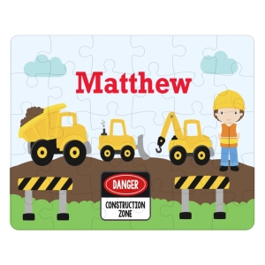 Personalised Children's Cardboard 30 Piece Jigsaw Puzzle - Any Kids Name - Construction Vehicles Design