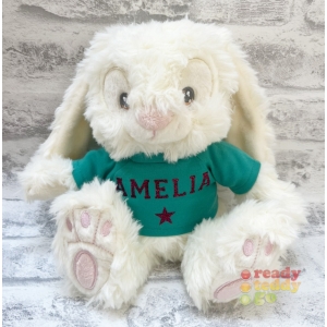 Personalised 8 Inch Keel Toys Eco Patchfoot Cream Bunny Rabbit Teddy Bear Wearing Coloured T-Shirt printed with PLAIN or GLITTER Vinyl
