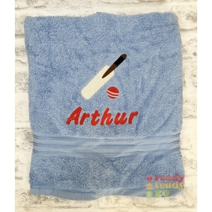 Name + Cricket Bat & Ball Embroidered Design Bath Towel