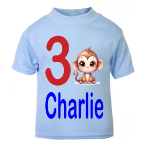 Cute Monkey Birthday Any Name & Number / Age Kids Printed T-Shirt