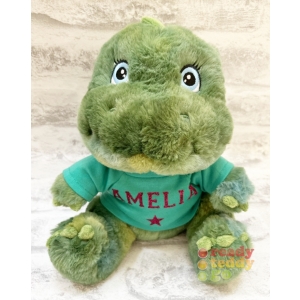 Personalised 9 Inch Keel Toys Eco Dinosaur Teddy Bear Wearing Coloured T-Shirt printed with PLAIN or GLITTER Vinyl