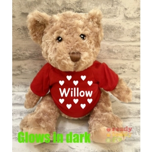 Personalised Large 12 Inch Dougie Teddy Bear Wearing Coloured T-Shirt printed with GLOW in the Dark Vinyl - Name + Hearts