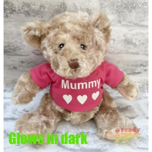 Personalised Small 8 Inch Dougie Teddy Bear Wearing Coloured T-Shirt printed with GLOW in the Dark Vinyl