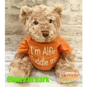 Personalised Large 12 Inch Dougie Teddy Bear Wearing Coloured T-Shirt printed with GLOW in the Dark Vinyl - Any Name / Text or Custom Message