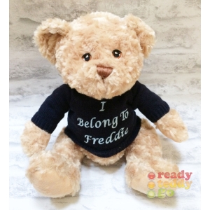 Personalised Teddy Bear - Embroidered with ANY NAME / TEXT - Large 11 Inch 28cm Keel Toys Eco Dougie Teddy Bear Wearing Knitted Jumper