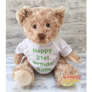 Personalised Teddy Bears - Large 11 Inch 28cm Keel Toys Eco Dougie Teddy Bear - Printed on a white T-shirt - Any Photo Name / Text or Custom Message