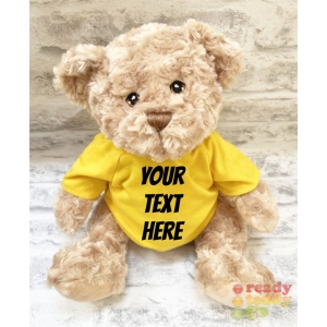 Personalised Large 11 Inch 28cm Dougie Teddy Bear Wearing Coloured T-Shirt printed with PLAIN or GLITTER Vinyl - Any Text - Any Name / Text or Custom Message