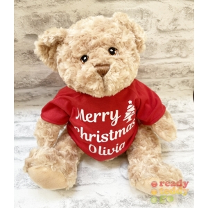 Personalised 11 Inch 28cm Dougie Teddy Bear Wearing Coloured MERRY CHRISTMAS T-Shirt ANY NAME GLITTER Vinyl
