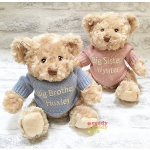Personalised Teddy Bear with Any Name / Text / Custom Message - Little Brother Big Sister Cousin Small 8 Inch Keel Toys Eco Dougie Teddy Bear wearing Embroidered Knitted Jumper