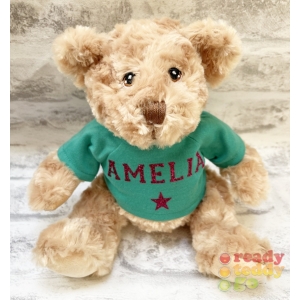 Personalised Small 8 Inch Dougie Teddy Bear Wearing Coloured T-Shirt printed with PLAIN or GLITTER Vinyl