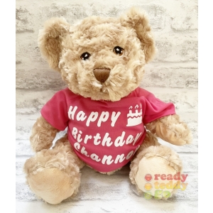 Personalised 11 Inch 28cm Dougie Teddy Bear Wearing Coloured HAPPY BIRTHDAY T-Shirt ANY NAME GLITTER Vinyl