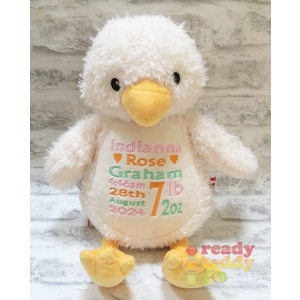Personalised Teddy Bear - 14 Inch Cubbies Bumbeeno The Duck - Embroidered with NAME / TEXT / Baby Birth Details