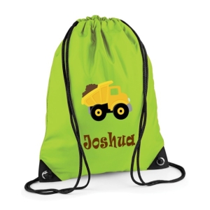 Personalised Dump Truck Any Name Printed Kids Children's School Nursery Drawstring Bag