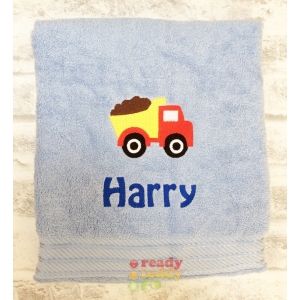 Personalised Bath Towels For Kids - Embroidered Name + DUMP TRUCK Design