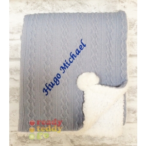 Personalised Baby Blanket Embroidered Any Name Dusty Blue Cable Knit Wrap w/ Pom Pom & Sherpa Fabric Back