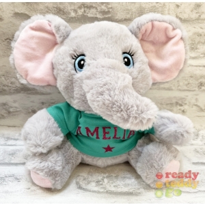 Personalised 9 Inch Keel Toys Eco Elephant Teddy Bear Wearing Coloured T-Shirt printed with PLAIN or GLITTER Vinyl