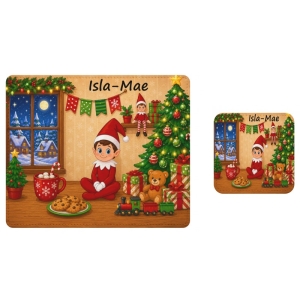 Personalised Children's PU Leather Effect Printed Placemat & Coaster Set - Any Kids Name - Christmas Elf on the Shelf Scene Design