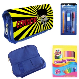 Personalised Children's Filled Pencil Case with Stationery - Superhero Bat Boy Design