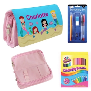 Personalised Children's Filled Pencil Case with Stationery - Mermaids Design
