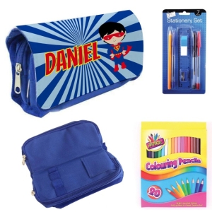 Personalised Children's Filled Pencil Case with Stationery - Superhero Boy Design