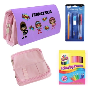 Personalised Children's Filled Pencil Case with Stationery - Super Heroes Girls Design
