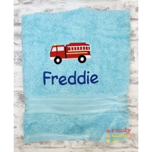Personalised Bath Towels For Kids - Embroidered Name + FIRE ENGINE Design