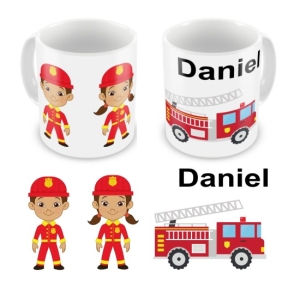 Personalised Children's 10oz Mugs / Cups - Any Kids Name Fireman Fire Engine Design