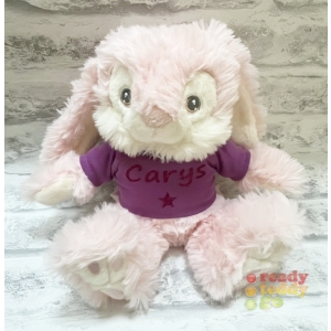 Personalised 8 Inch Keel Toys Eco Patchfoot Pink Bunny Rabbit Teddy Bear Wearing Coloured T-Shirt printed with PLAIN or GLITTER Vinyl